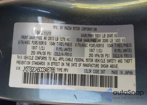 2012 Mazda Cx-9 Touring from USA, damaged, VIN JM3TB2CA6C0346766